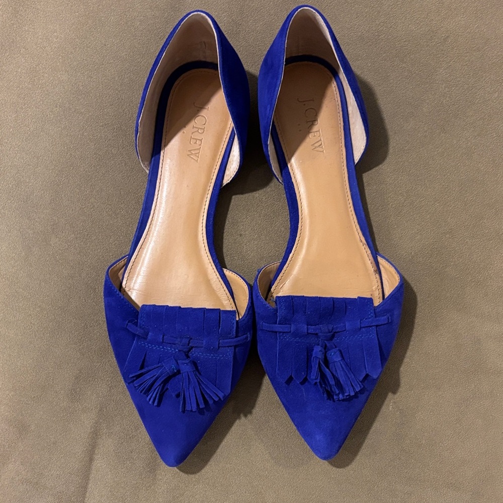 J. Crew Cobalt Suede Pointed D'Orsay Flats with Tassels